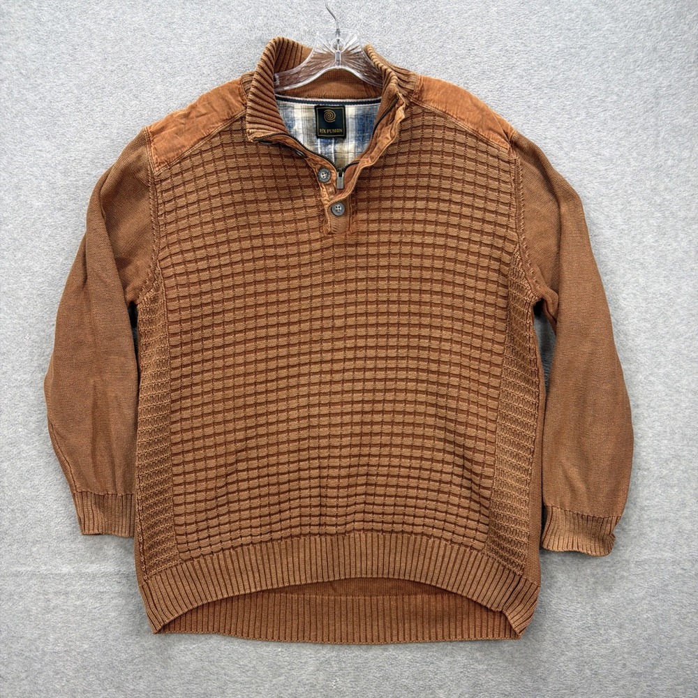 F/X Fusion Sweater Mens XL Brown Ribbed Texture Commando Pullover 1/4 Zip Henley
